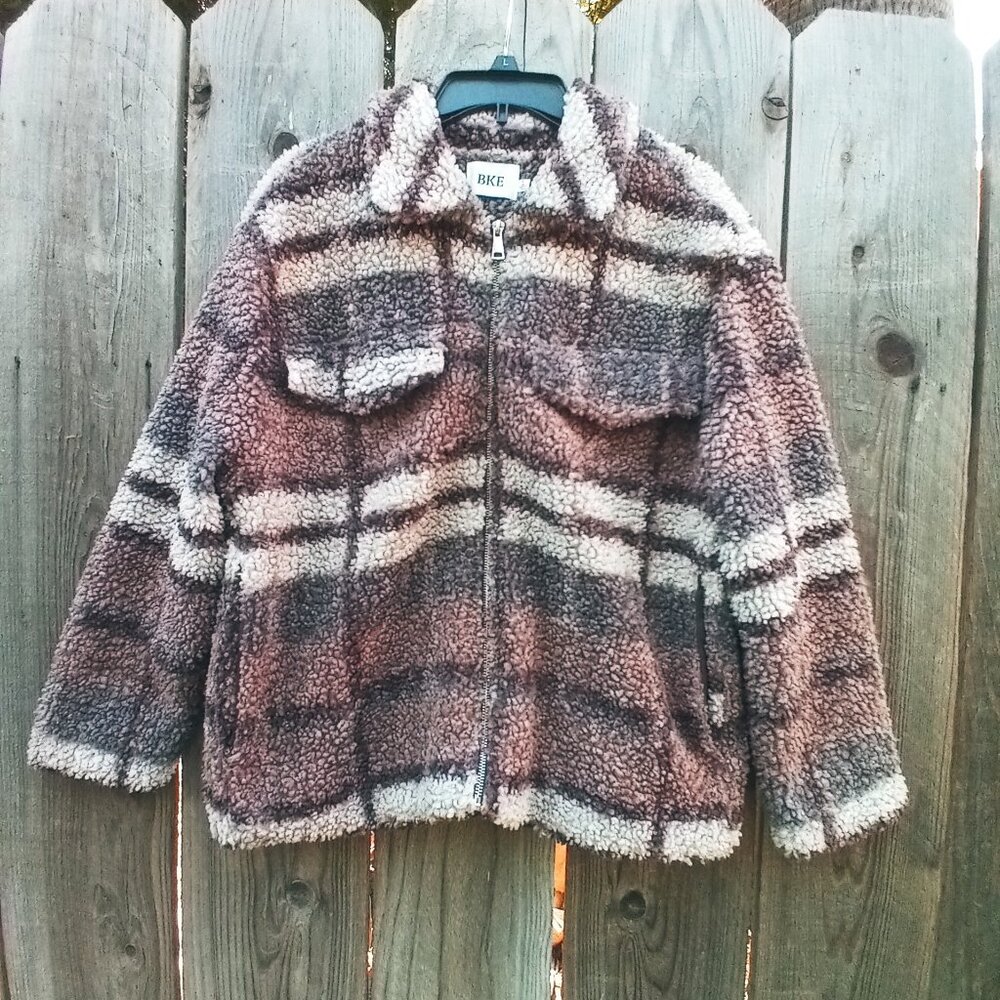 BKE Jacket Womens Sz L Brown Plaid Cozy Fleece Trucker Button Fleece Fuzzy Zip